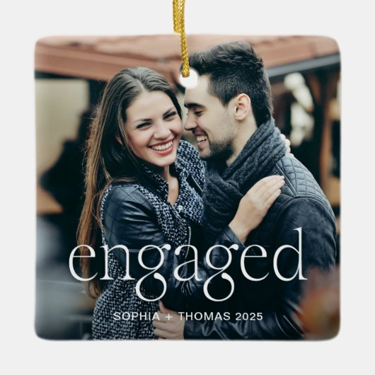 Engaged | Stylish Elevated Text and Two Photos Keramikornament (Vorderseite)