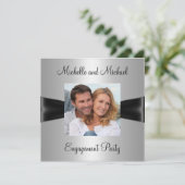 Engagement Partei Silver Black Ribbon Foto Einladung (Stehend Vorderseite)