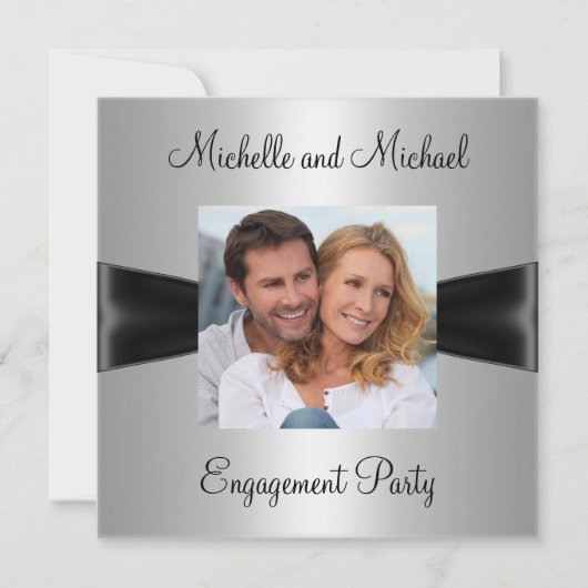 Engagement Partei Silver Black Ribbon Foto Einladung (Vorderseite)