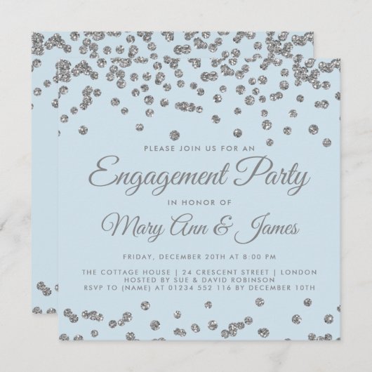 Engagement Partei Silver Glitzer Confetti Ice Blue Einladung (Vorne/Hinten)