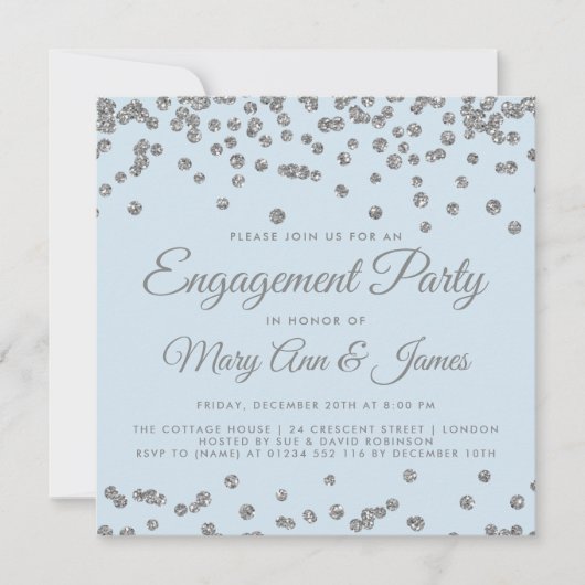 Engagement Partei Silver Glitzer Confetti Ice Blue Einladung (Vorderseite)