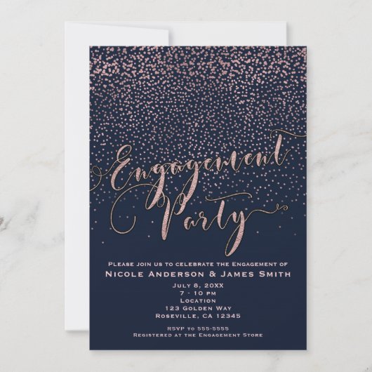 ENGAGEMENT PARTNER Dusche Blue Rose Gold Confetti Einladung (Vorderseite)