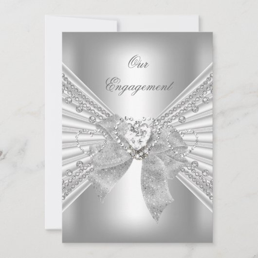 Engagement Party Diamond Herz White Silver Bow 2 Einladung (Vorderseite)