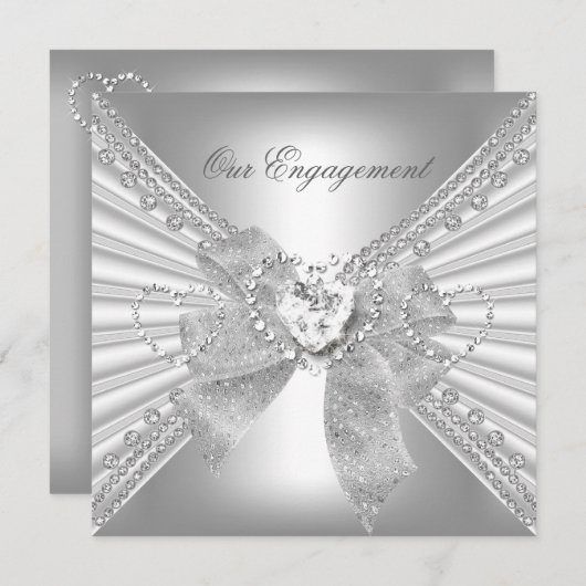 Engagement Party Diamond Herz White Silver Bow Einladung (Vorne/Hinten)
