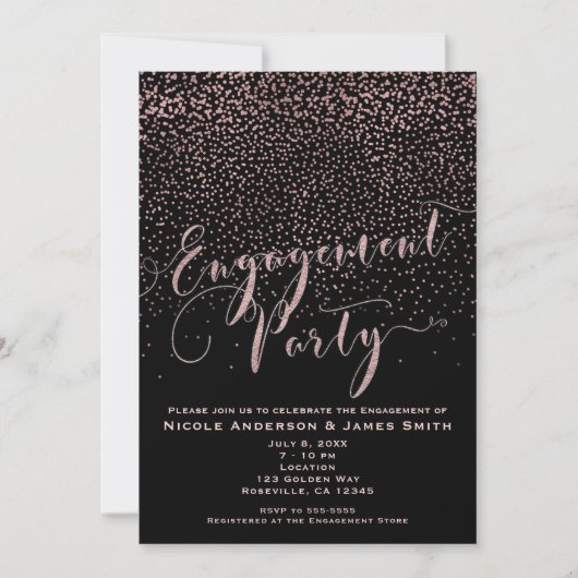 ENGAGEMENT PARTY Dusche Schwarze Rose Gold Confett Einladung (Vorderseite)