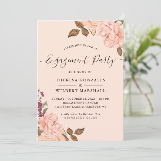 Engagement Party Elegante Blush Gold Chic Blues Einladung (Stehend Vorderseite)