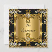 Engagement Party Elegante Gold Floral Jewel Black Einladung (Vorderseite)
