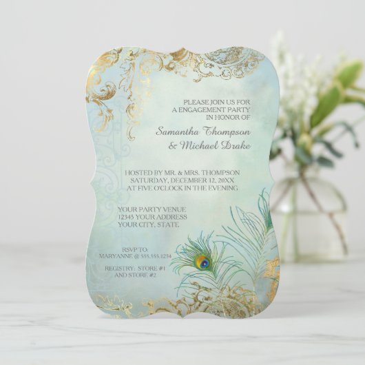 Engagement Party Gold Leaf Pfauenfederspiel Elegan Einladung (Stehend Vorderseite)