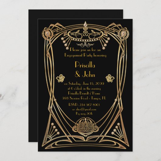 Engagement Party, großer Gatsby, Art-Deko, schwarz Einladung (Vorne/Hinten)