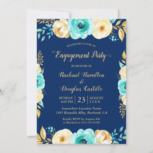 Engagement Party - Navy Blue Aquamarin Gold Floral Einladung (Vorderseite)