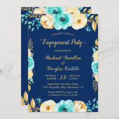 Engagement Party - Navy Blue Aquamarin Gold Floral Einladung (Vorne/Hinten)