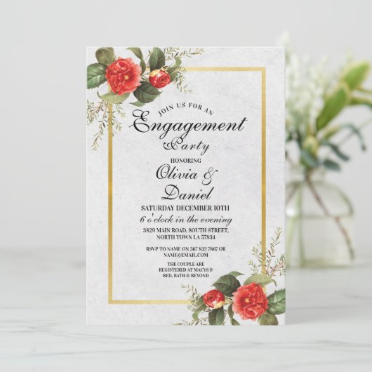 Engagement Party Paare Shooting Weihnachts Red Gol Einladung (Stehend Vorderseite)