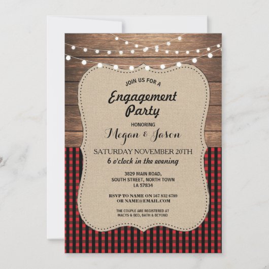 Engagement Party Rustic Wood Burlap Buffalo Karo Einladung (Vorderseite)