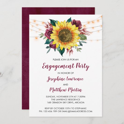 Engagement Party Sunflower Burgundy Bloral Einladung (Vorne/Hinten)