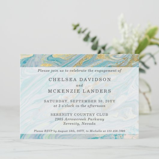 Engagement Party Türkis & Gold Marmorgeode Einladung (Stehend Vorderseite)
