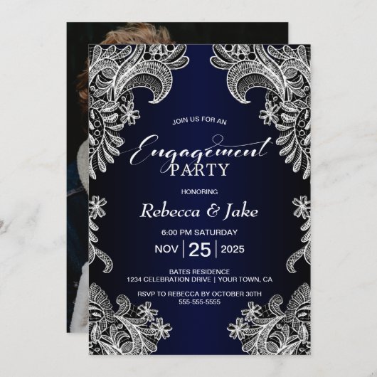 Engagement Party White Lace Blue Einladung (Vorne/Hinten)