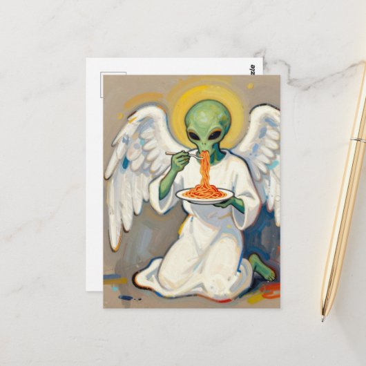 Engel Alien isst Spaghetti Postkarte (Vorderseite/Rückseite Beispiel)
