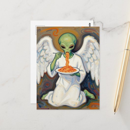 Engel Alien isst Spaghetti Postkarte (Vorderseite/Rückseite Beispiel)