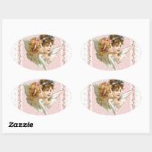 Engel auf rosa geblümtem Hintergrund. Ovaler Aufkleber (Blatt)