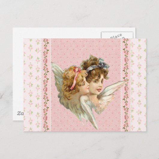 Engel auf rosa geblümtem Hintergrund. Postkarte (Vorne/Hinten)