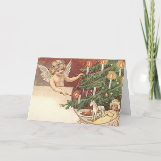 Engel beleuchtet Weihnachtskerzen Vintage Karte (Vorderseite)