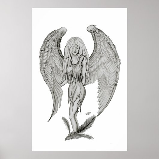 Engel Bleistiftzeichnung Schwarz-Weiß-Design Poster (Vorne)
