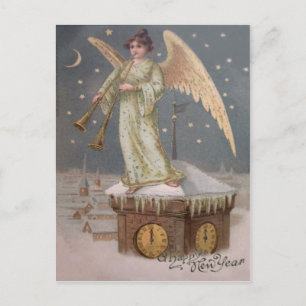 Engel Cherub Horn Uhrturm Mond Sterne Postkarte