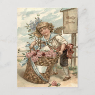 Engel Cherub Rosenkorb Vogelhaus Postkarte