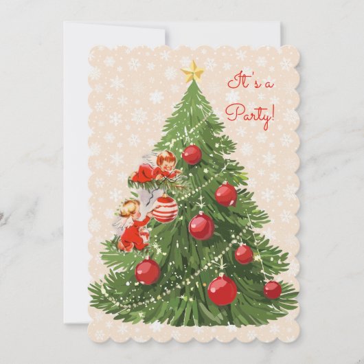 Engel dekorieren den Christbaum Einladung (Vorderseite)