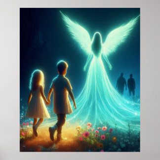 Engel, der zwei kleine Kinder in der Nacht beschüt Poster