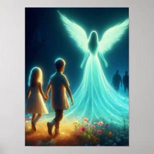 Engel, der zwei kleine Kinder in der Nacht beschüt Poster