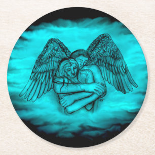 Engel Eros in Liebe, schwarzes und grünes Design Runder Pappuntersetzer