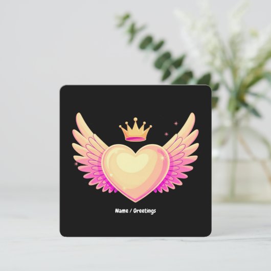 Engel Heart mit Coolen rosa Flügel und Kronen A To Einladung (Stehend Vorderseite)