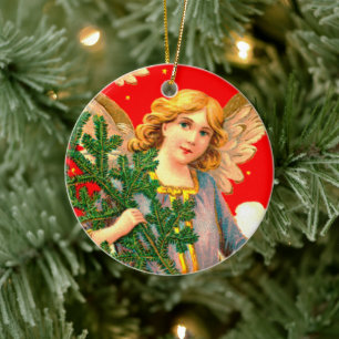 Engel in Lila trägt Weihnachtsbaum Keramik Ornament