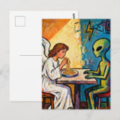 Engel isst Spaghetti mit einem Außerirdischen Postkarte (Vorne/Hinten)