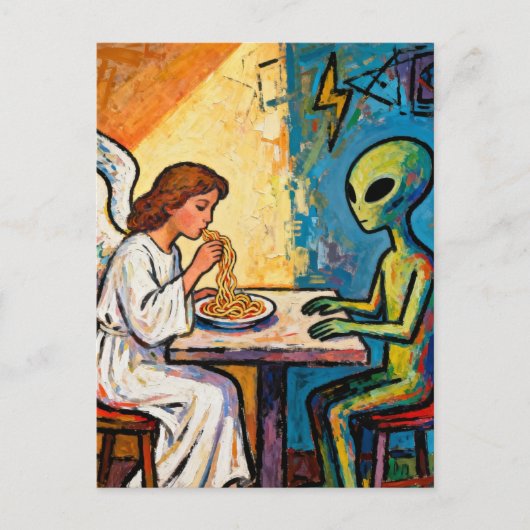 Engel isst Spaghetti mit einem Außerirdischen Postkarte (Vorderseite)