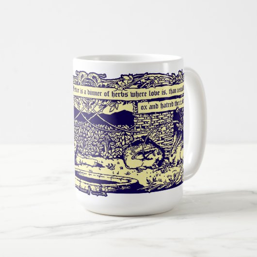 Engel & Kaninchen im Blumengarten mit Motto Banner Kaffeetasse (VorderseiteRechts)