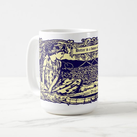 Engel & Kaninchen im Blumengarten mit Motto Banner Kaffeetasse (Vorderseite Links)