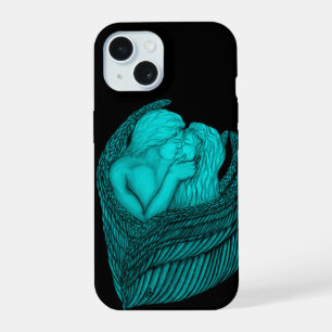 Engel küssen sich, schwarzes und grünes Design iPhone 15 Hülle