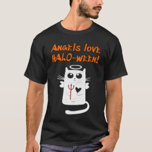 Engel lieben HALO Ween süß mit Engelkatze Heugabel T-Shirt