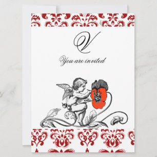 ENGEL MALT EINE ROTE BLUME DAMAST MONOGRAMM EINLADUNG