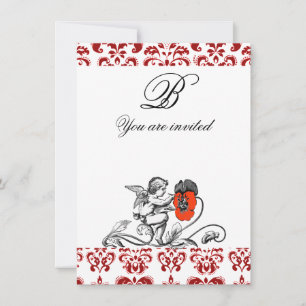 ENGEL MALT EINE ROTE BLUME DAMAST MONOGRAMM EINLADUNG