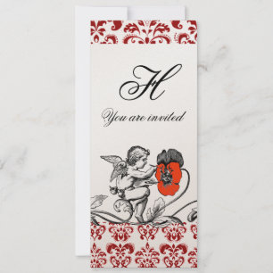 ENGEL MALT EINE ROTE BLUME DAMAST MONOGRAMM EINLADUNG