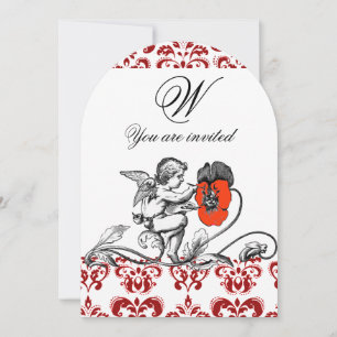 ENGEL MALT EINE ROTE BLUME DAMAST MONOGRAMM EINLADUNG