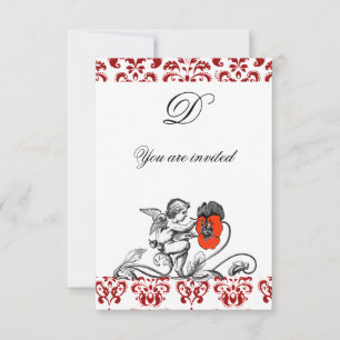 ENGEL MALT EINE ROTE BLUME DAMAST MONOGRAMM EINLADUNG