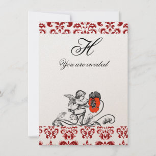 ENGEL MALT EINE ROTE BLUME DAMAST MONOGRAMM gold Einladung