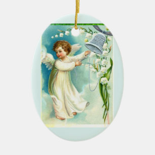 Engel mit Blauer Glocke Keramik Ornament