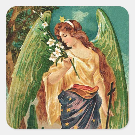 Engel mit Blumenzweig Quadratischer Aufkleber (Vorderseite)