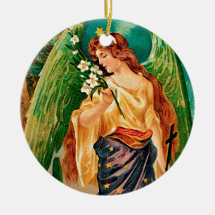 Engel mit einem Blumenzweig Keramik Ornament