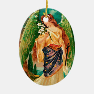 Engel mit einem Blumenzweig Keramikornament